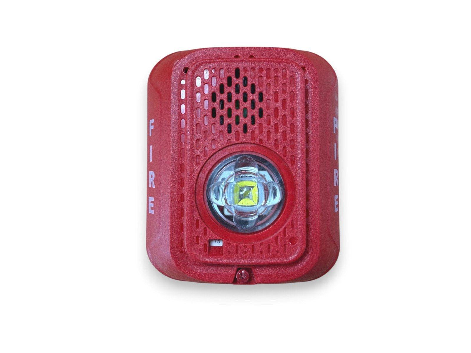 Red fire alarm strobe with LED light and speaker grille, labeled FIRE on sides