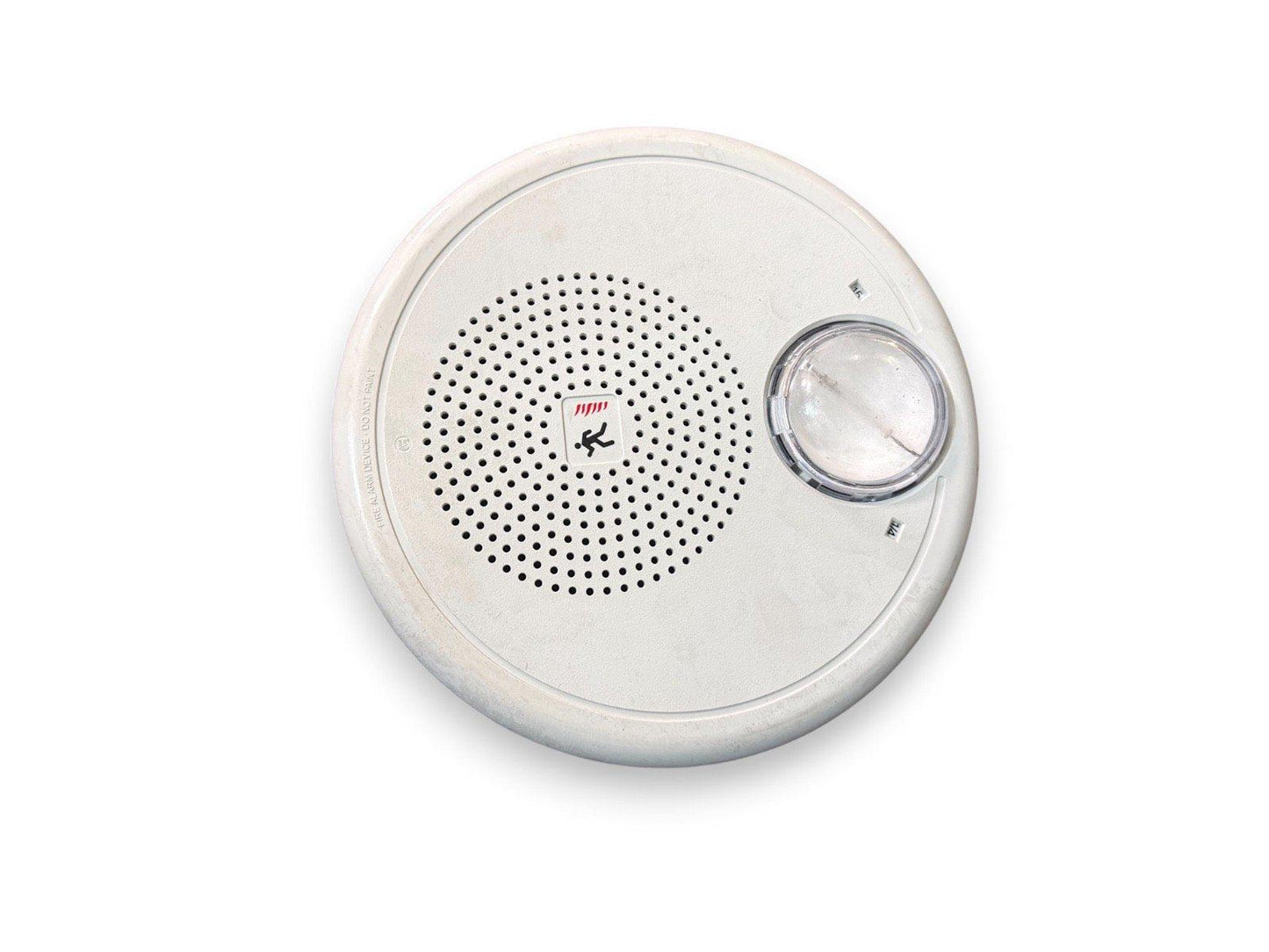 White fire alarm speaker with strobe light and emergency symbol, for commercial safety systems