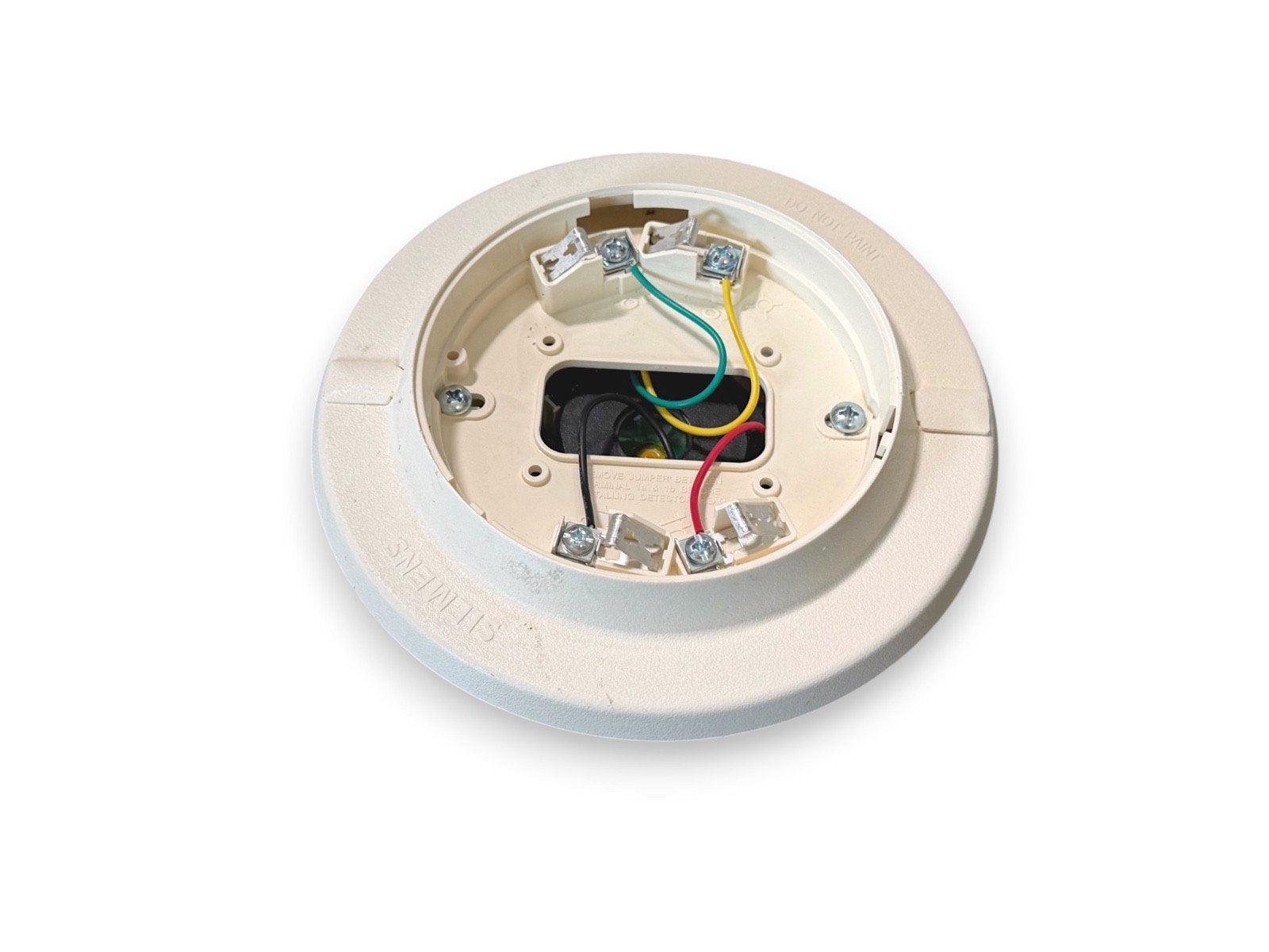 Siemens fire alarm detector base with wiring terminals and colored wires for installation