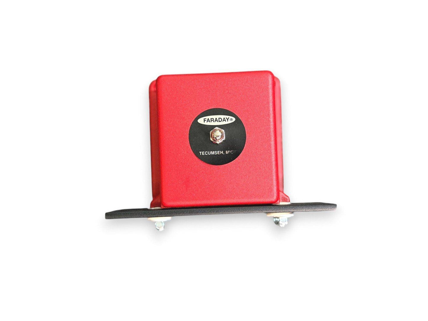 Red Faraday fire alarm bell with mounting bracket, Tecumseh, MI label