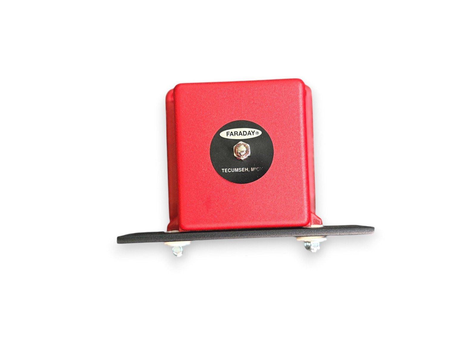 Red Faraday fire alarm bell with mounting bracket, Tecumseh, MI label