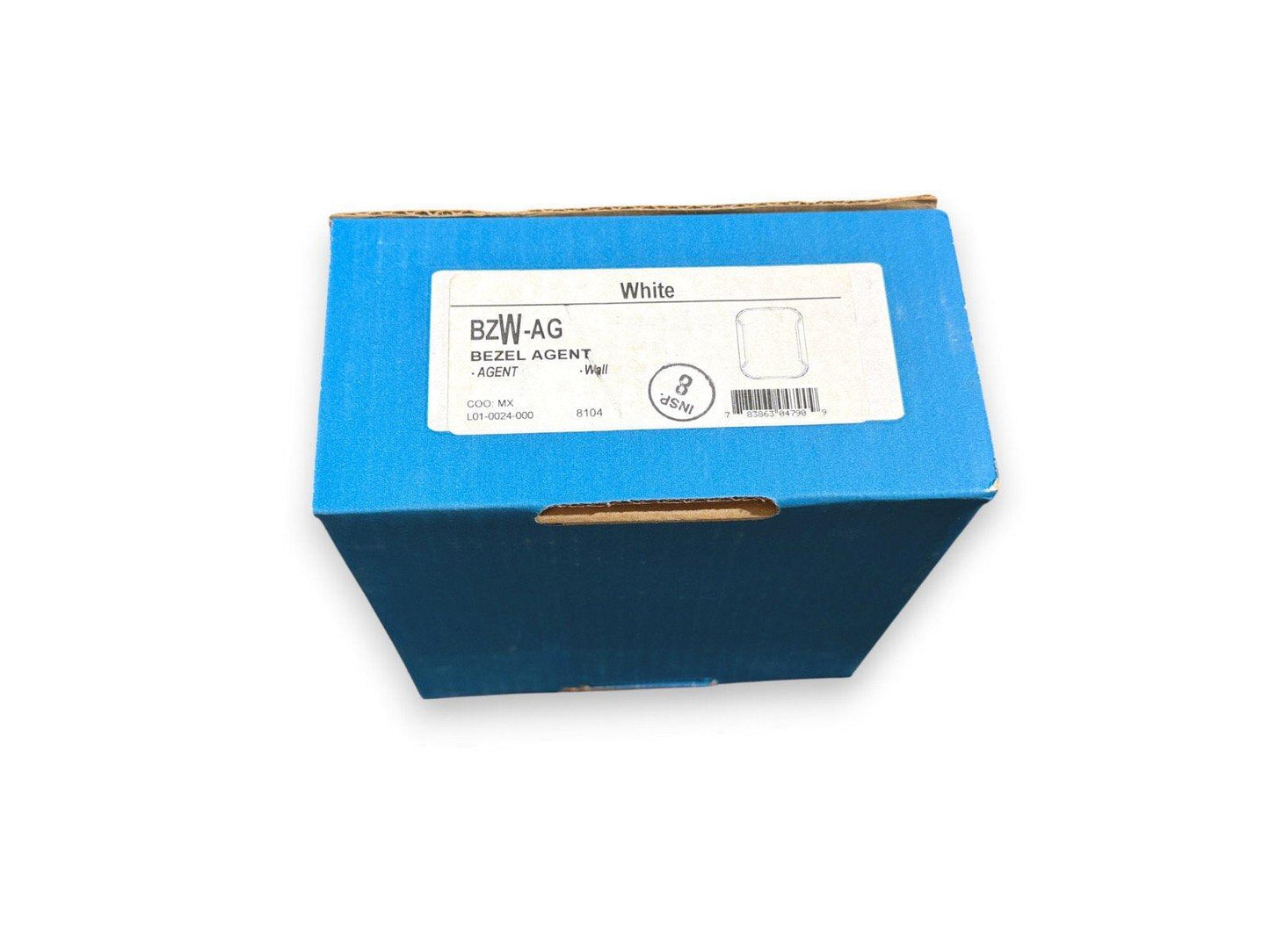 White BZW-AG Bezel Agent for fire alarm systems, packaged in blue box
