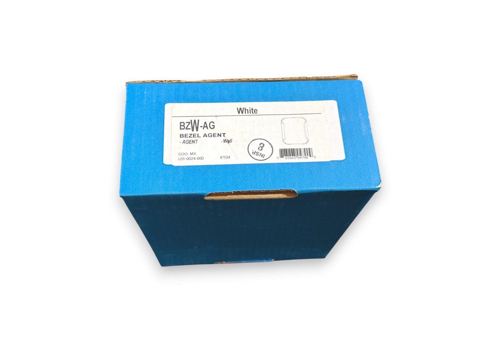White BZW-AG Bezel Agent for fire alarm systems, packaged in blue box