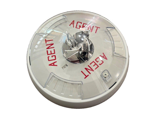 White fire alarm detector with red 'AGENT' text, clear cover, and metallic sensor for fire safety systems