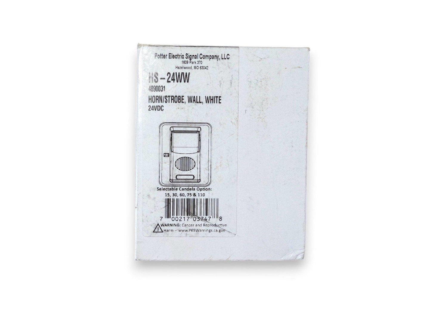 Potter HS-24WW wall-mounted fire alarm horn/strobe, 24VDC, white, with selectable candela options
