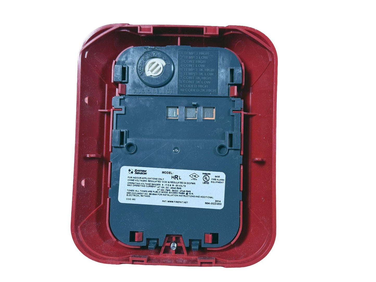System Sensor HRL fire alarm horn strobe with audio select dial and UL listed label, red housing
