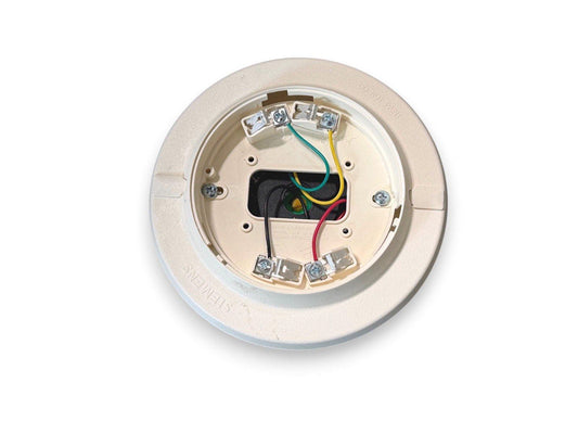 Siemens fire alarm detector base with wiring terminals and colored wires for installation