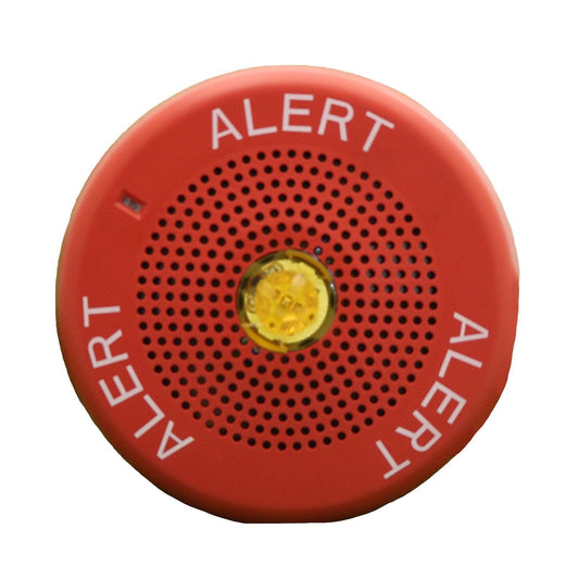 Red fire alarm alert device with yellow strobe light and perforated speaker grille