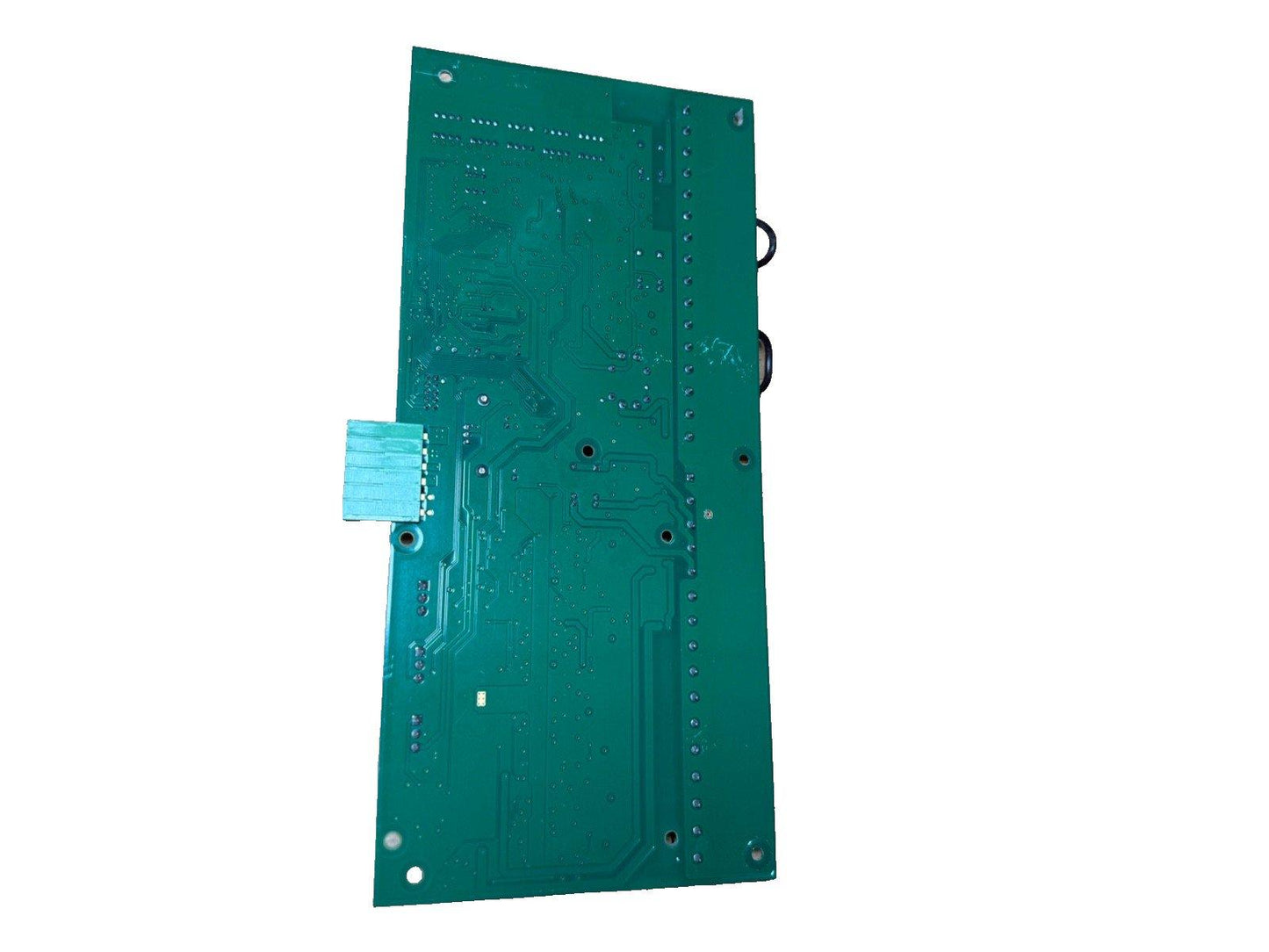 Green fire alarm control panel circuit board with connectors and mounting holes