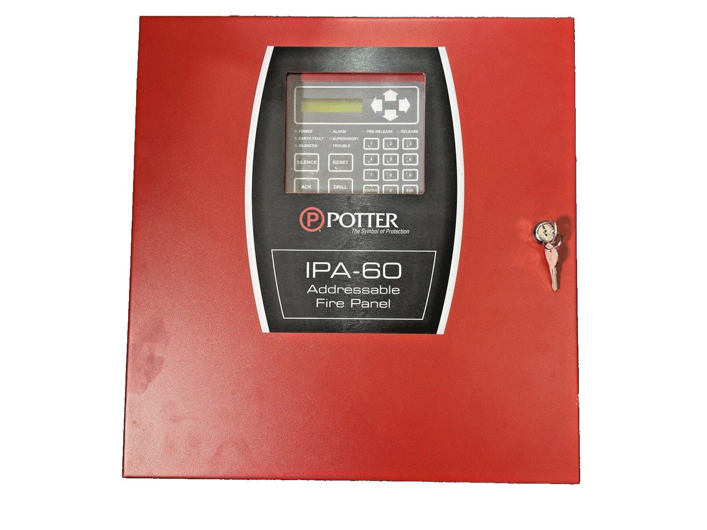 Potter IPA-60 addressable fire alarm panel with keypad and key lock, red fire safety equipment