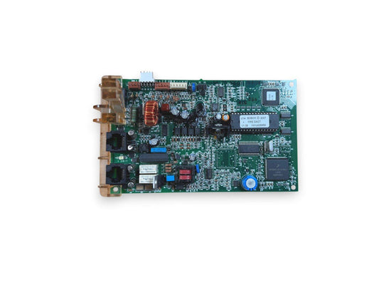 Bosch fire alarm control panel circuit board with DACT module, capacitors, and connectors for fire safety systems
