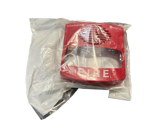 Red TrueAlert fire alarm horn strobe in plastic wrap, labeled FIRE, for fire safety systems.