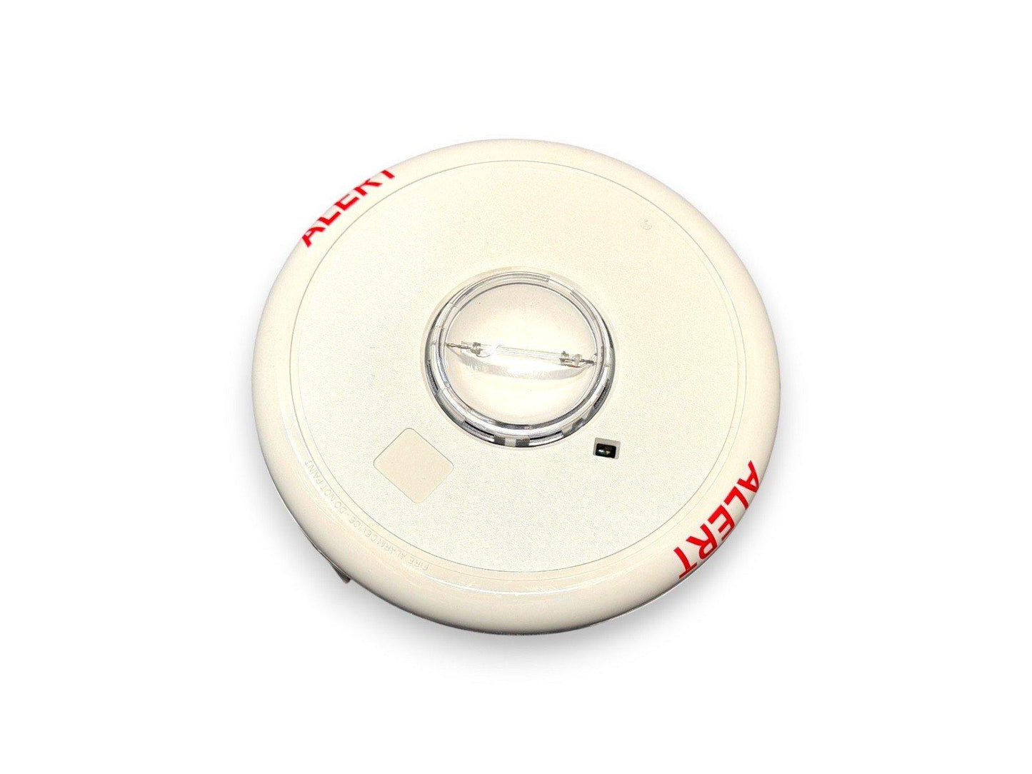 White fire alarm strobe with red ALERT text, circular design, clear lens, for commercial safety systems