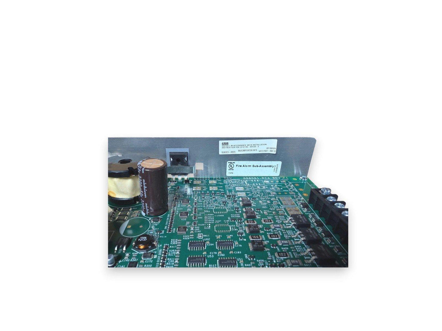 Fire alarm sub-assembly circuit board with capacitors and connectors for fire safety systems