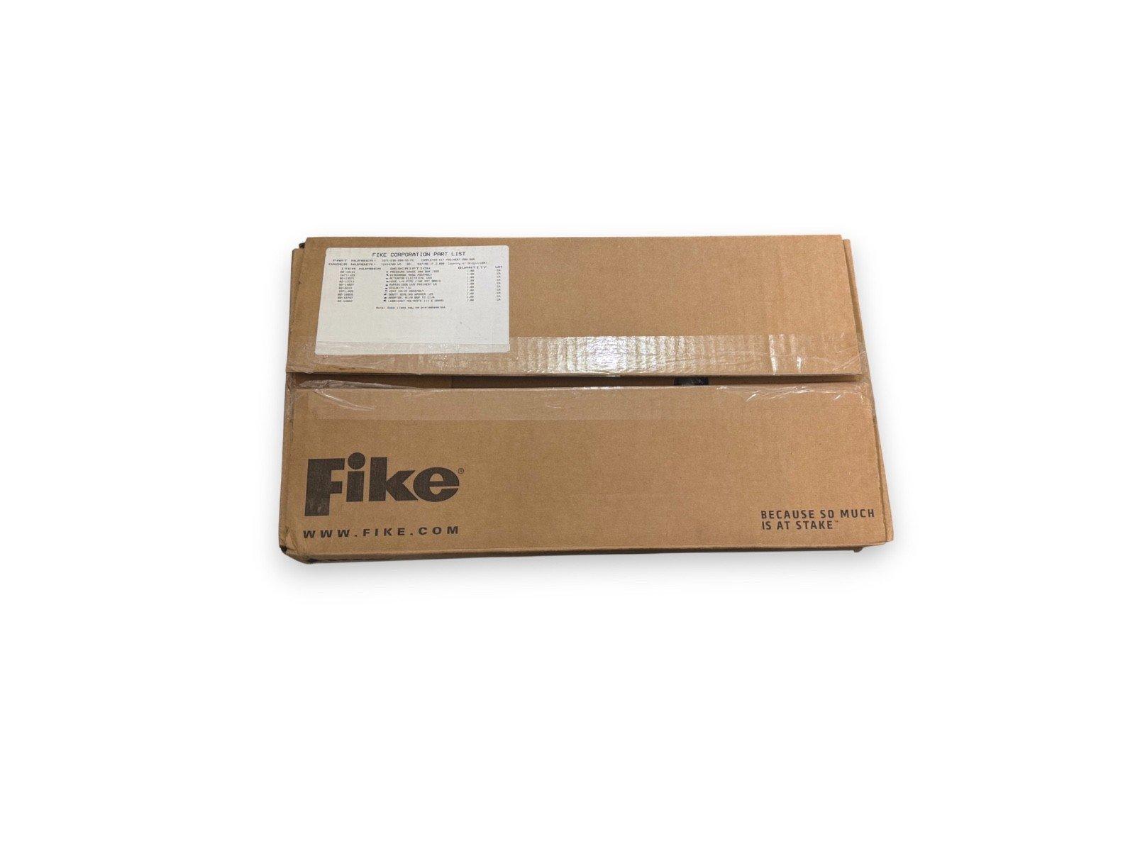 Fike fire alarm equipment box with part list label, sealed for shipping