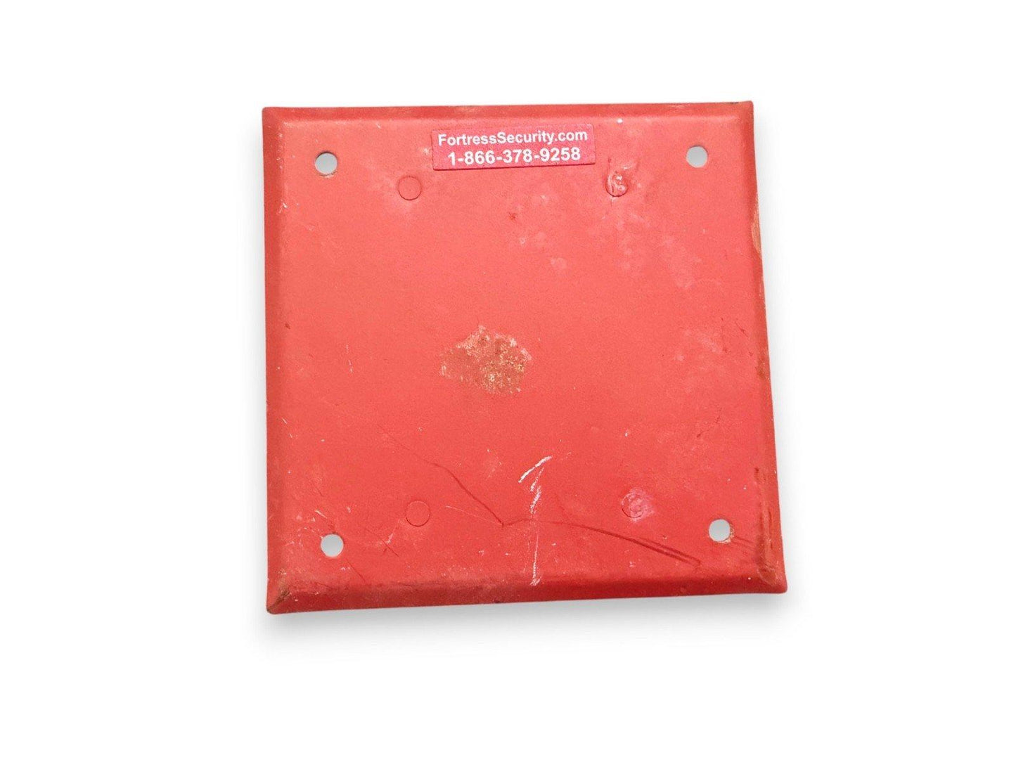 Red fire alarm pull station cover with mounting holes and security label