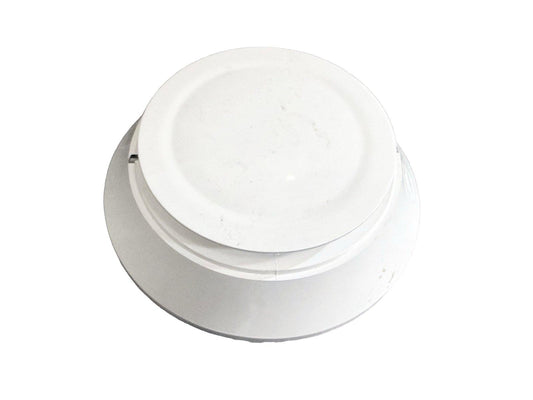 White ceiling-mounted fire alarm detector with circular base and cover
