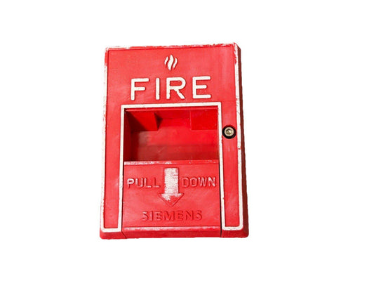 Red Siemens fire alarm pull station with 'FIRE' and 'PULL DOWN' label, used fire safety equipment