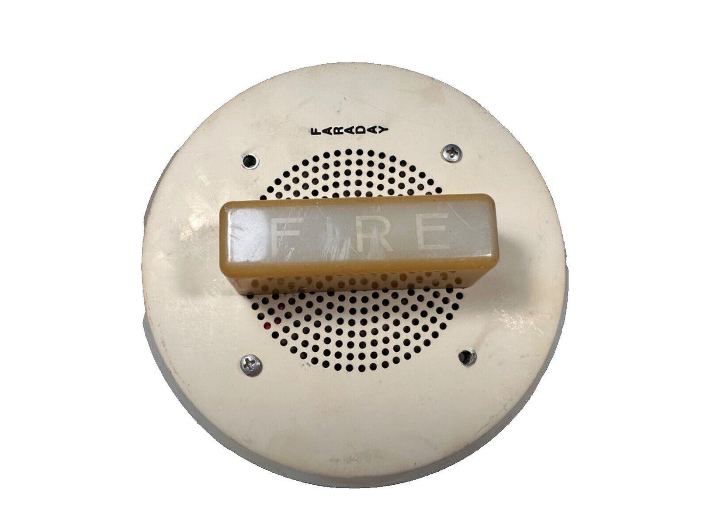 Vintage fire alarm pull station with 'FIRE' handle and perforated cover