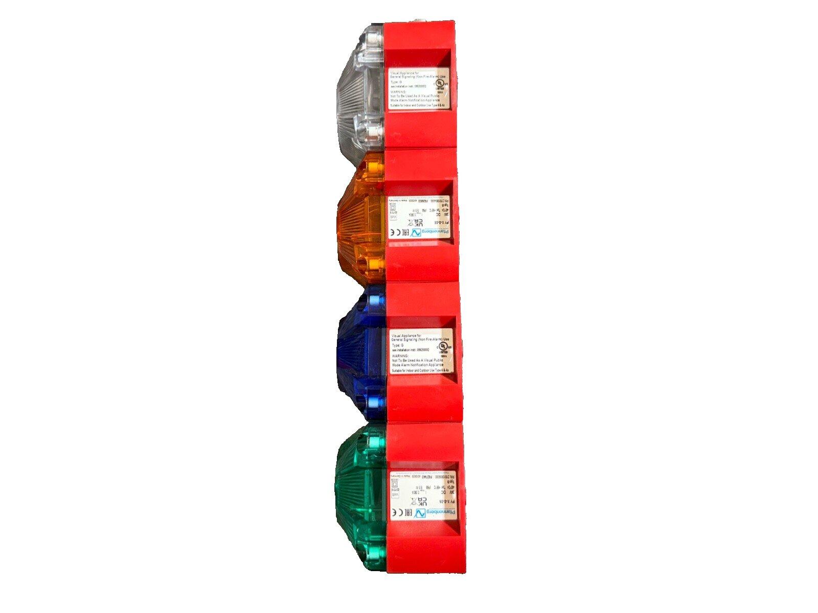 Stacked fire alarm strobes in red, amber, blue, green for commercial safety systems
