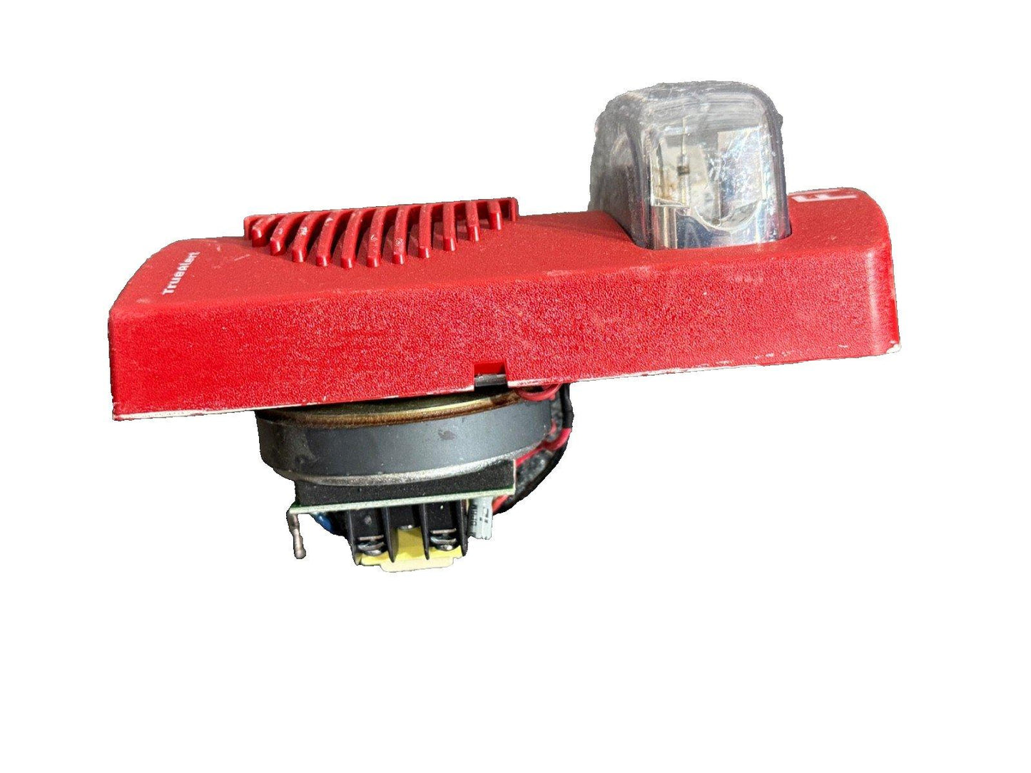 Red fire alarm strobe light with speaker, used fire safety equipment