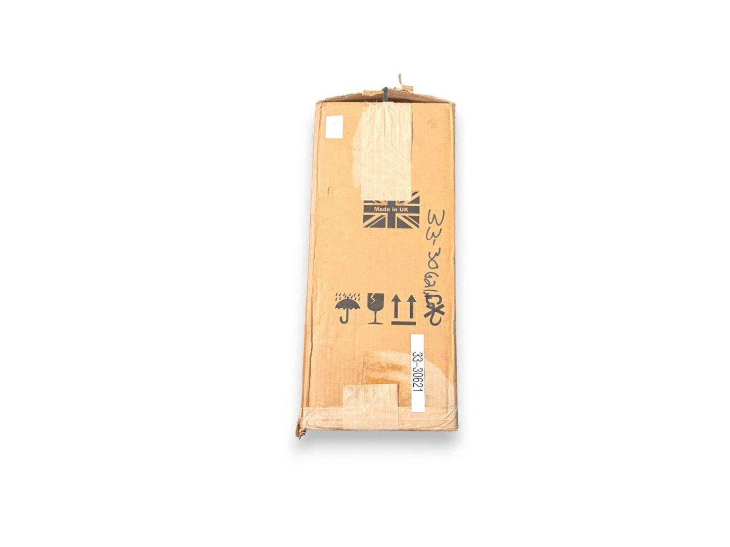 Used fire alarm equipment box, Made in UK, model 33-30621, with handling symbols