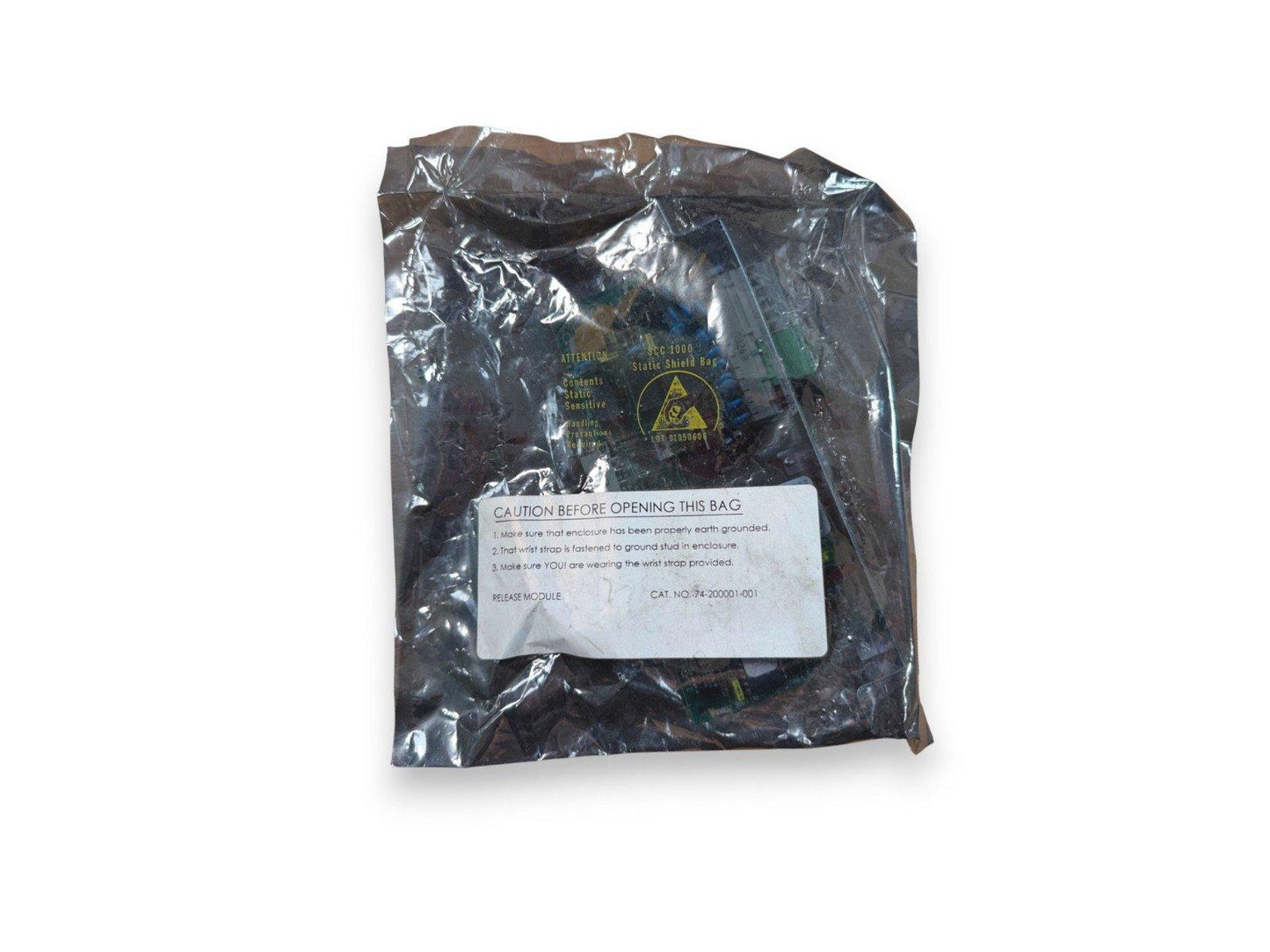 Static shield bag with fire alarm release module, labeled for ESD safety and handling precautions.