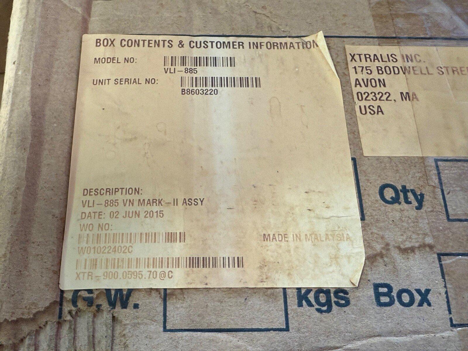 VLI-885 fire alarm component box label with serial number, made in Malaysia, for commercial fire safety systems