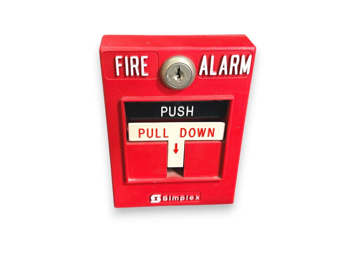 Red Simplex fire alarm pull station with push and pull down lever for emergency use
