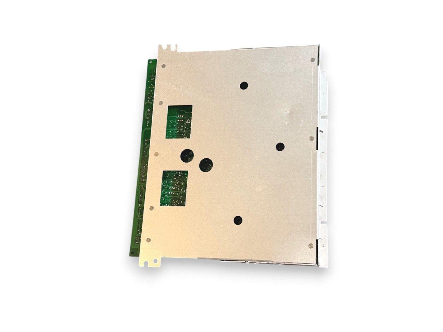 Fire alarm control panel circuit board with green PCB and mounting holes