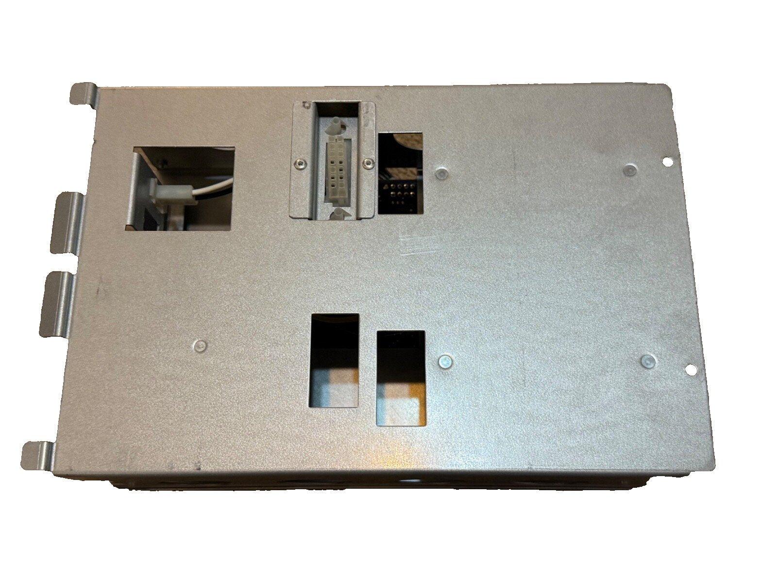 Metal fire alarm control panel back with connectors and mounting slots