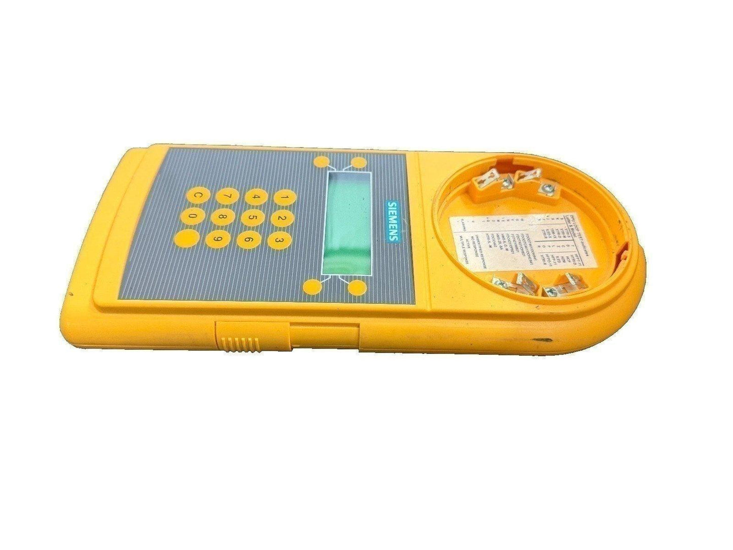 Yellow Siemens fire alarm control panel with keypad and display, used fire safety equipment