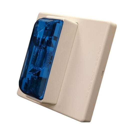 Beige fire alarm strobe with blue lens, labeled 'FIRE ALARM DEVICE — DO NOT PAINT'