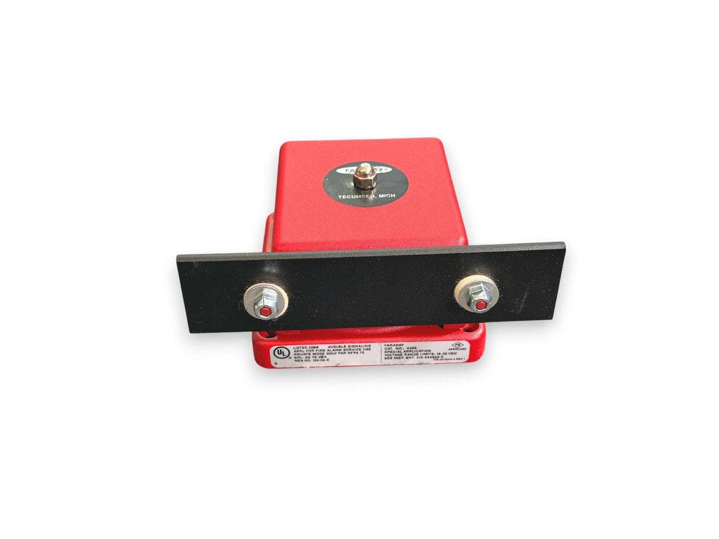 Red Faraday fire alarm signaling device with black mounting bracket, UL listed for fire safety systems