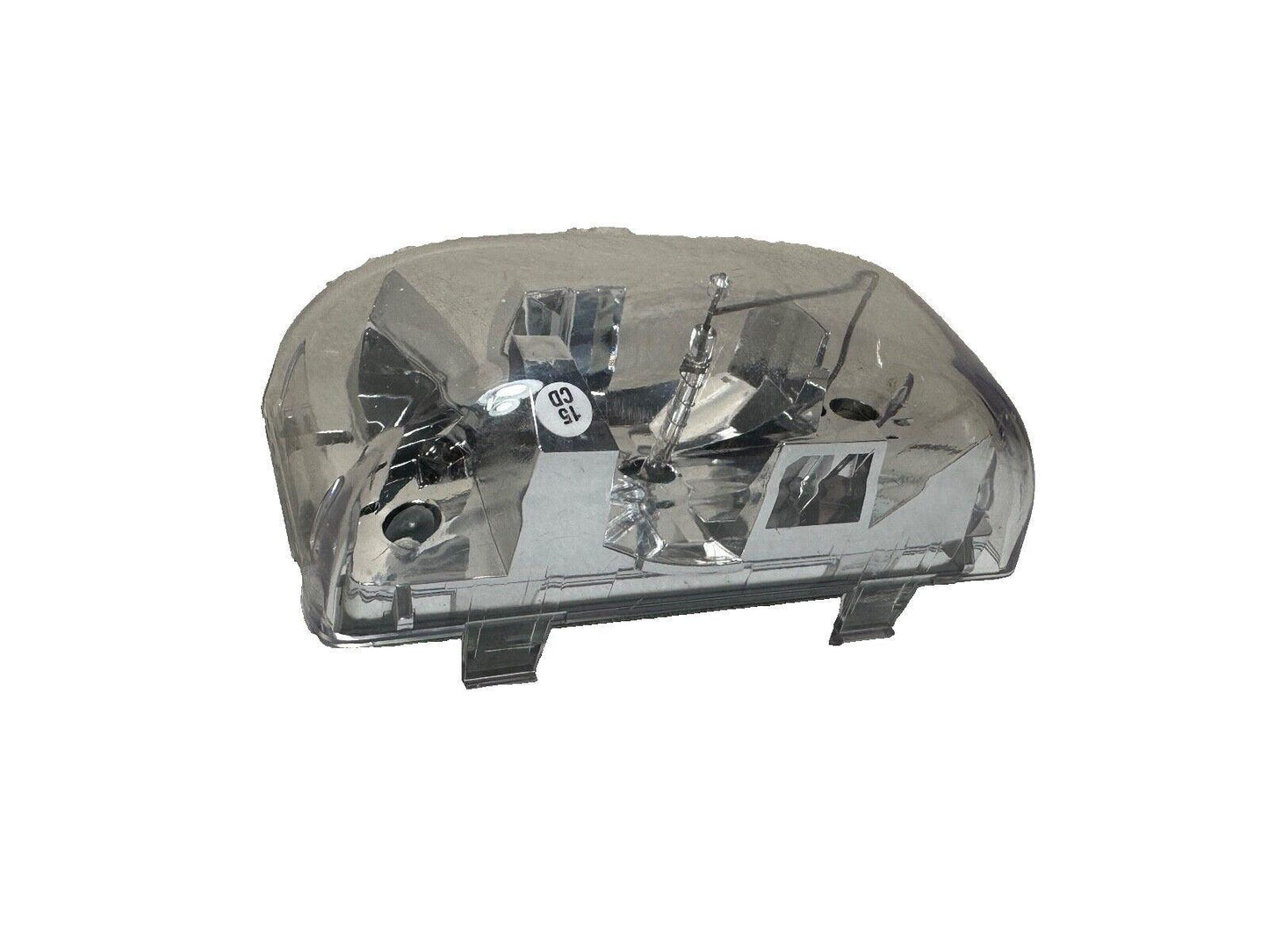 Clear plastic fire alarm strobe light housing with internal components visible