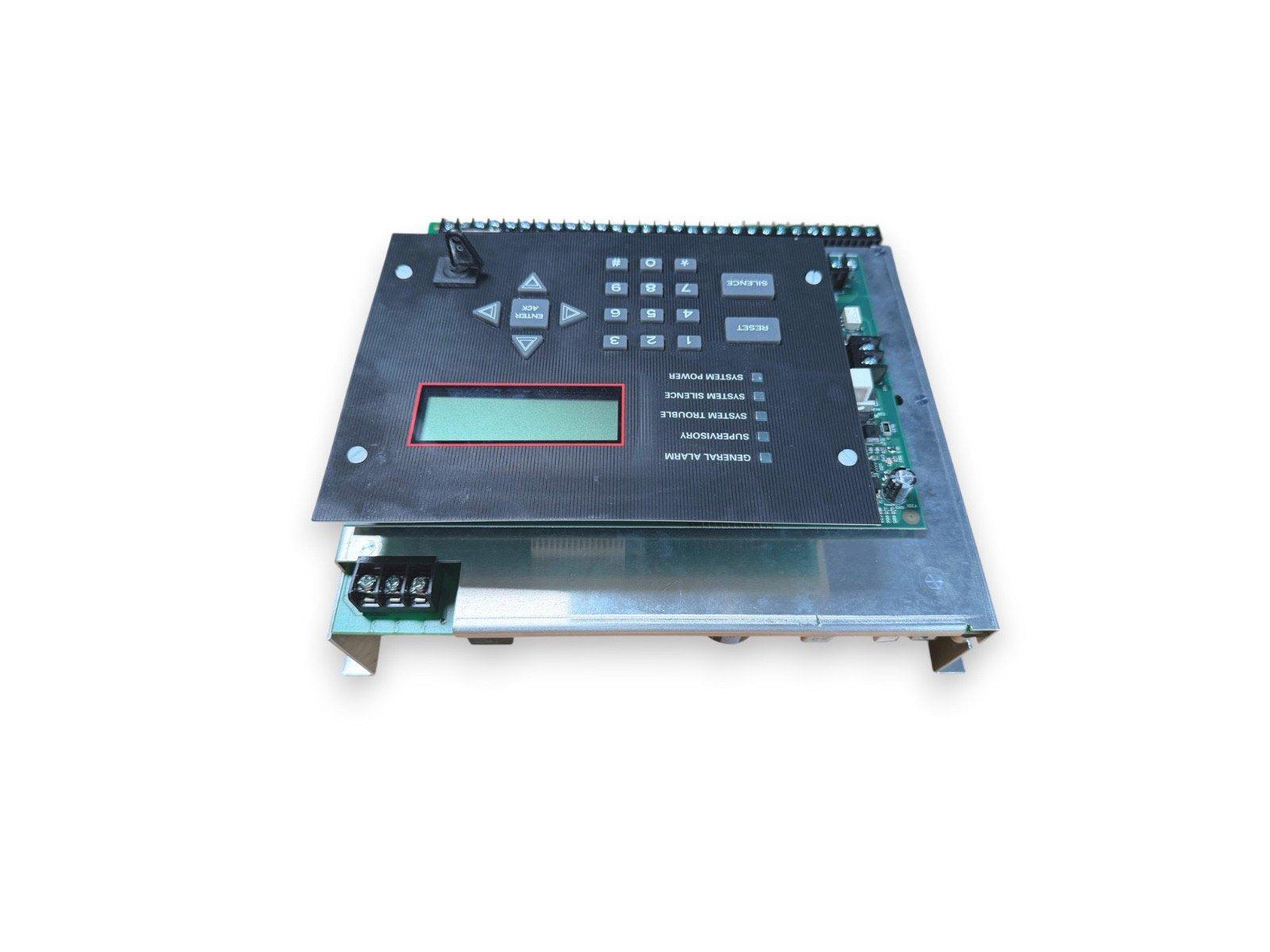 Fire alarm control panel with LCD display, keypad, and system status indicators for commercial use