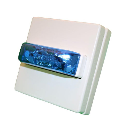 White fire alarm strobe light with blue lens, safety alert device for emergency notification systems