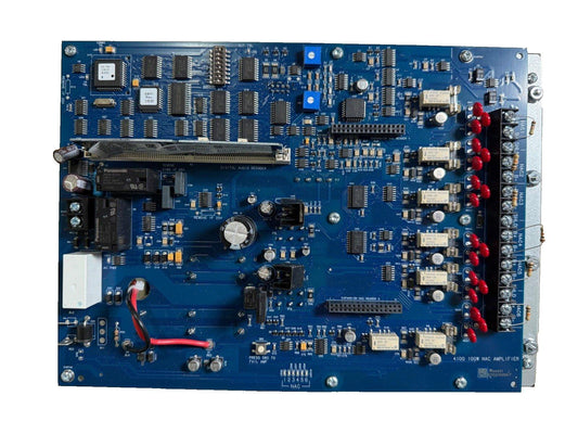 Blue fire alarm control panel circuit board with NAC amplifiers and digital audio decoder components