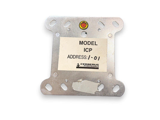 Cerberus Pyrotronics ICP fire alarm module, model ICP, address 1-01, UL listed, metal mounting plate