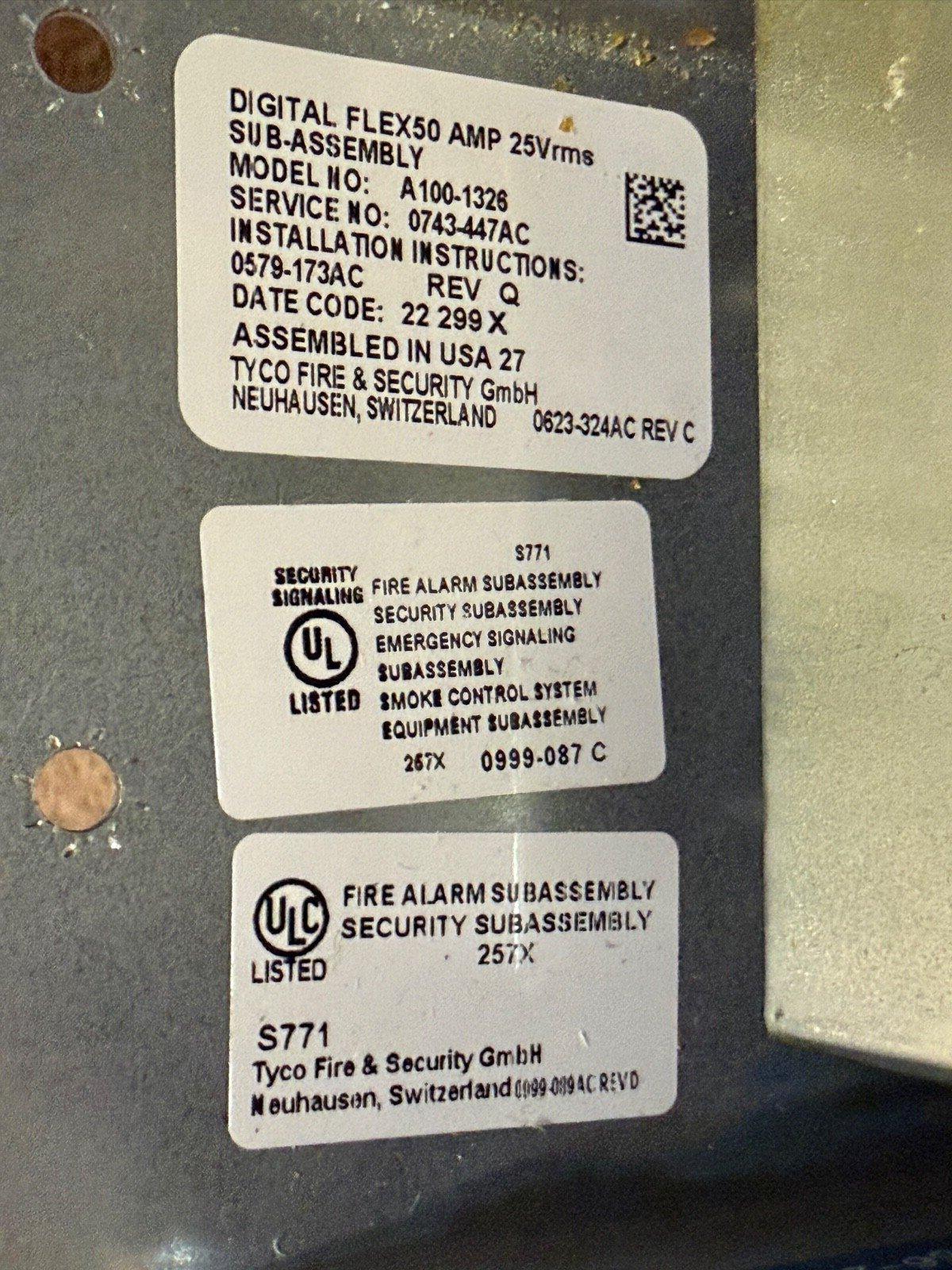 Tyco Digital Flex50 AMP fire alarm subassembly with UL listed labels, model A100-1326, assembled in USA.
