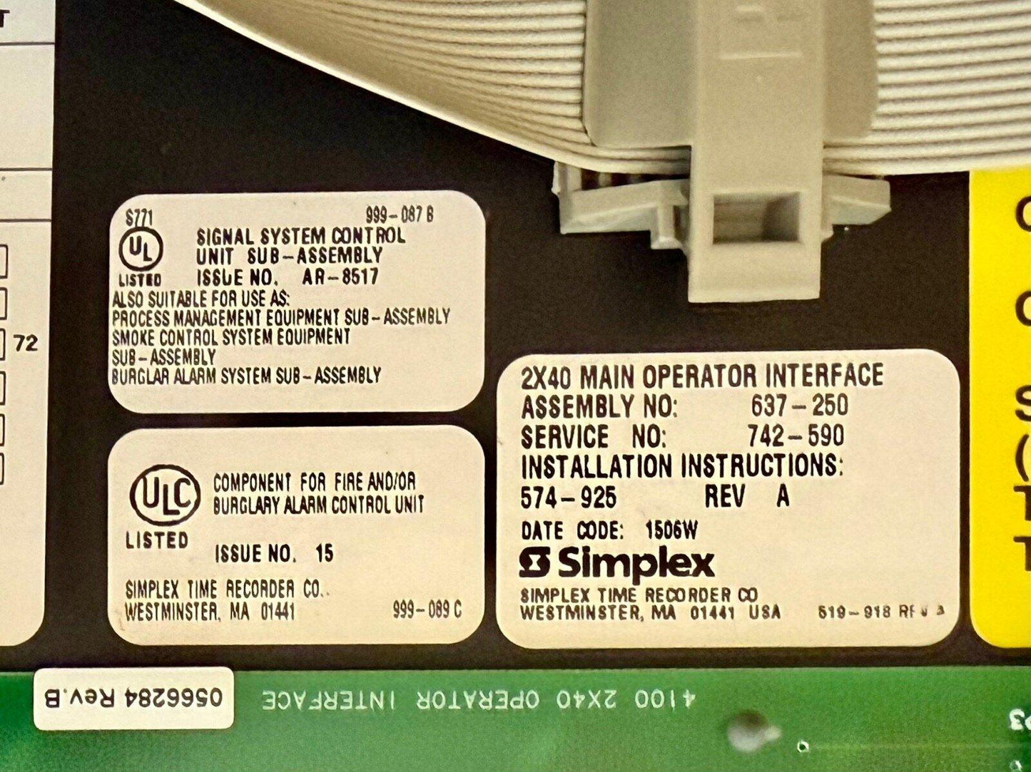 Simplex 2X40 Main Operator Interface fire alarm control panel component with UL listed labels