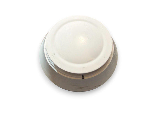 White ceiling-mounted fire alarm detector with metal base