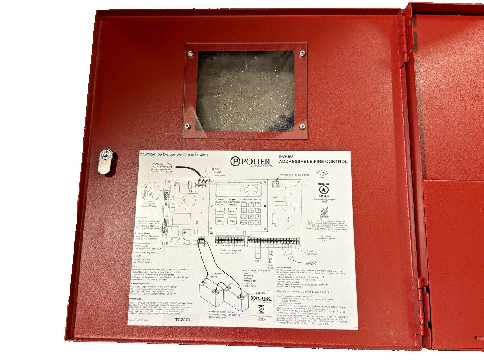 Potter IPA-60 addressable fire alarm control panel with wiring diagram and UL listing