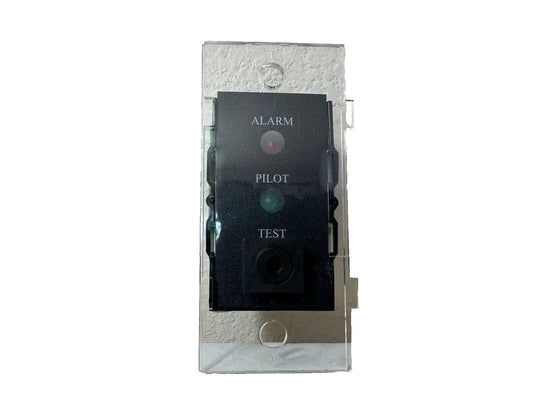 Black Silent Knight SD505-DTS Fire Alarm Remote Test Switch with green and red indicator lights on a clear background.