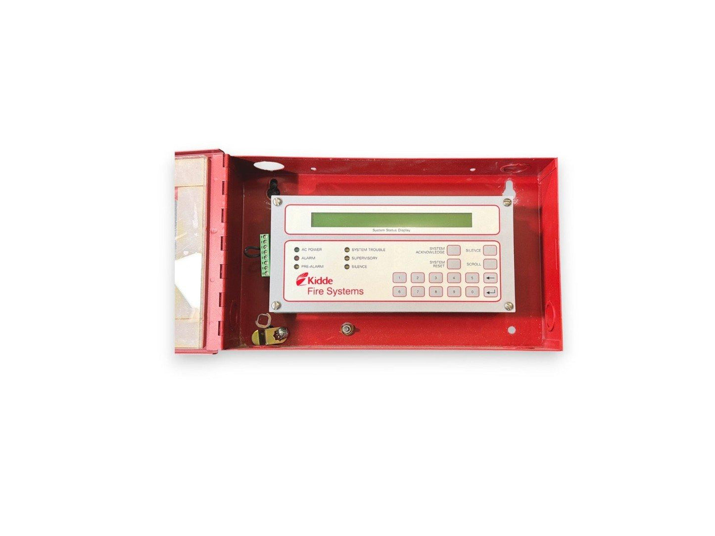 Kidde fire alarm control panel with keypad and status display in red enclosure