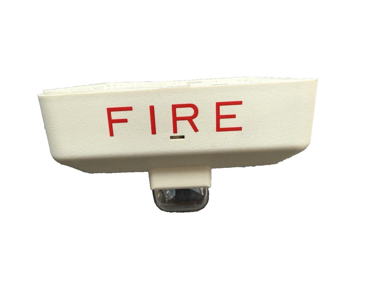 White fire alarm device with red FIRE label and clear lens, for commercial or residential safety systems
