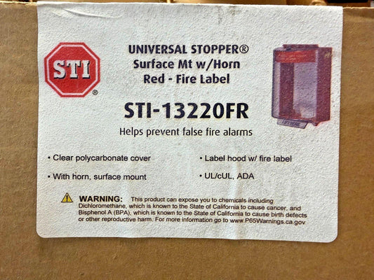 STI Universal Stopper fire alarm with horn, surface mount, red label, model STI-13220FR, prevents false alarms