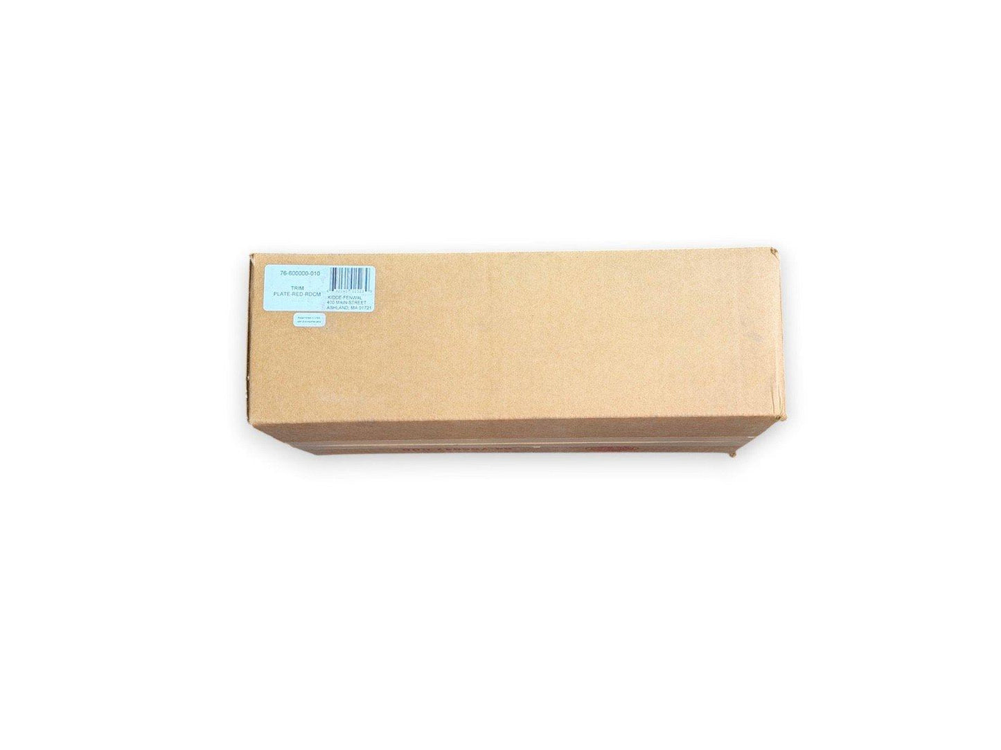 Cardboard box with label for fire alarm trim plate, new surplus equipment