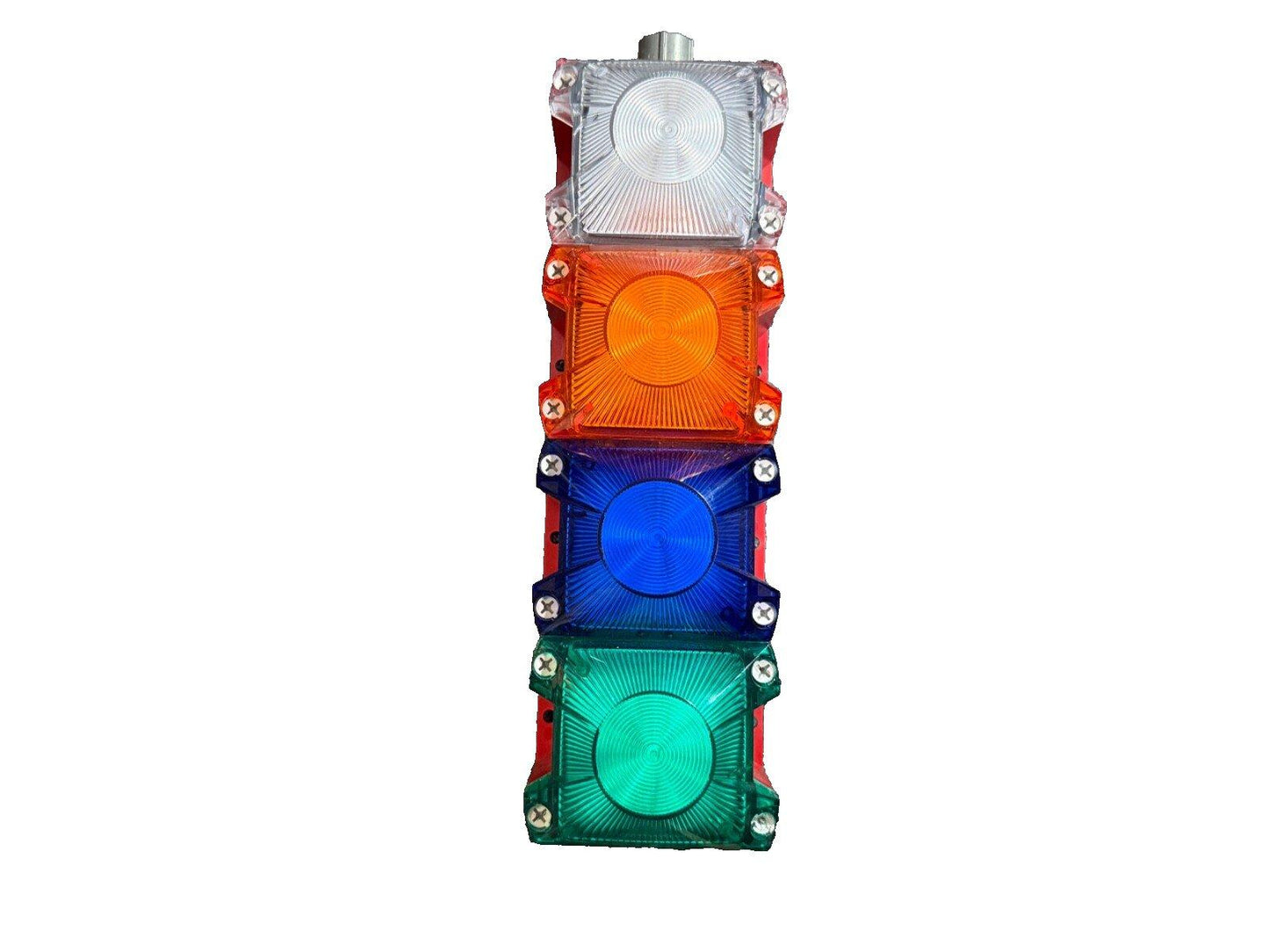 Four-color fire alarm strobe light with white, amber, blue, and green lenses for emergency signaling