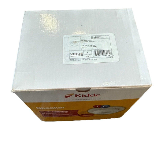 Kidde ceiling speaker fire alarm device in original packaging, red 'FIRE' marking, commercial fire safety equipment